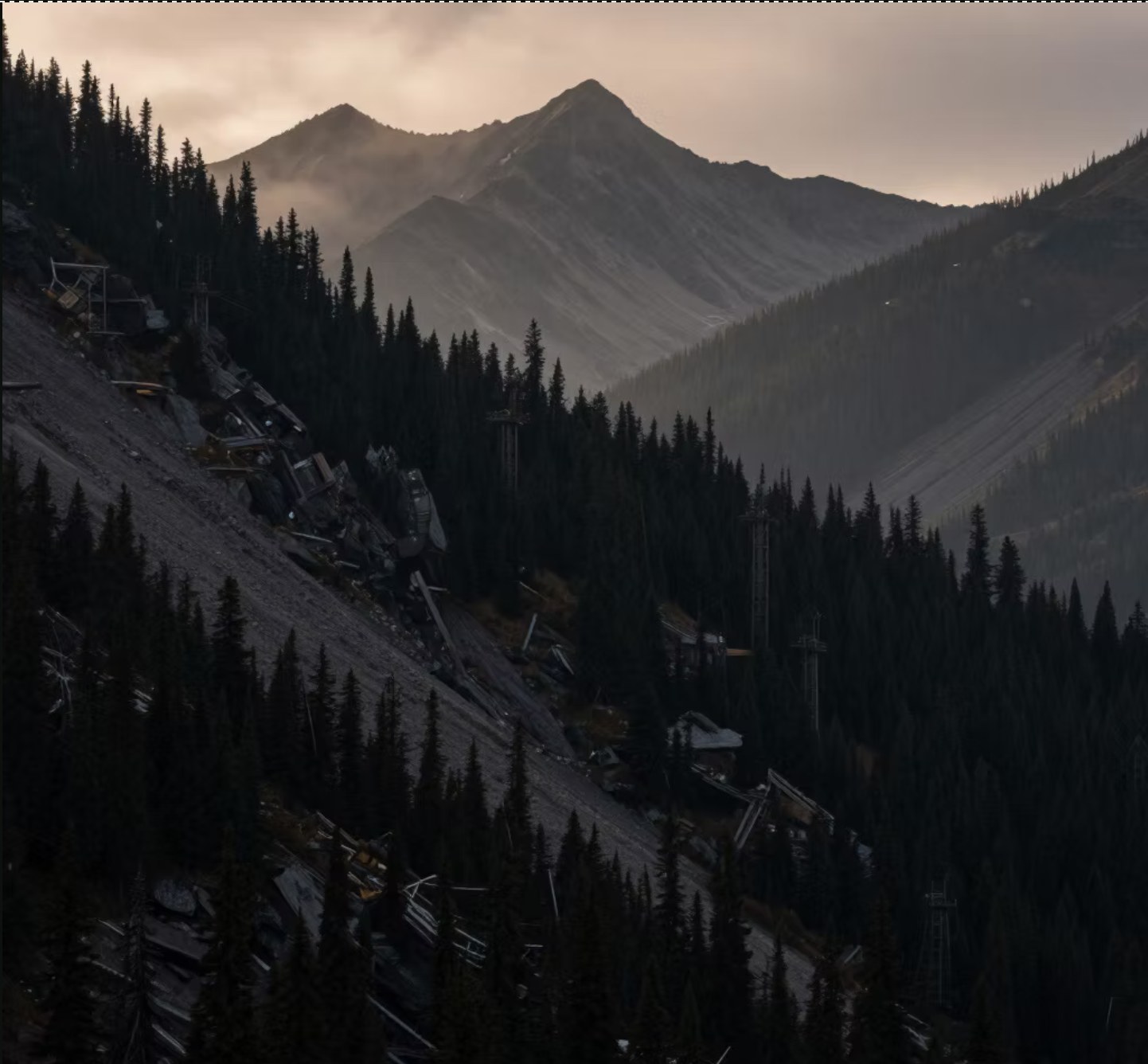 Misty Cascade mountain ridgeline at dusk